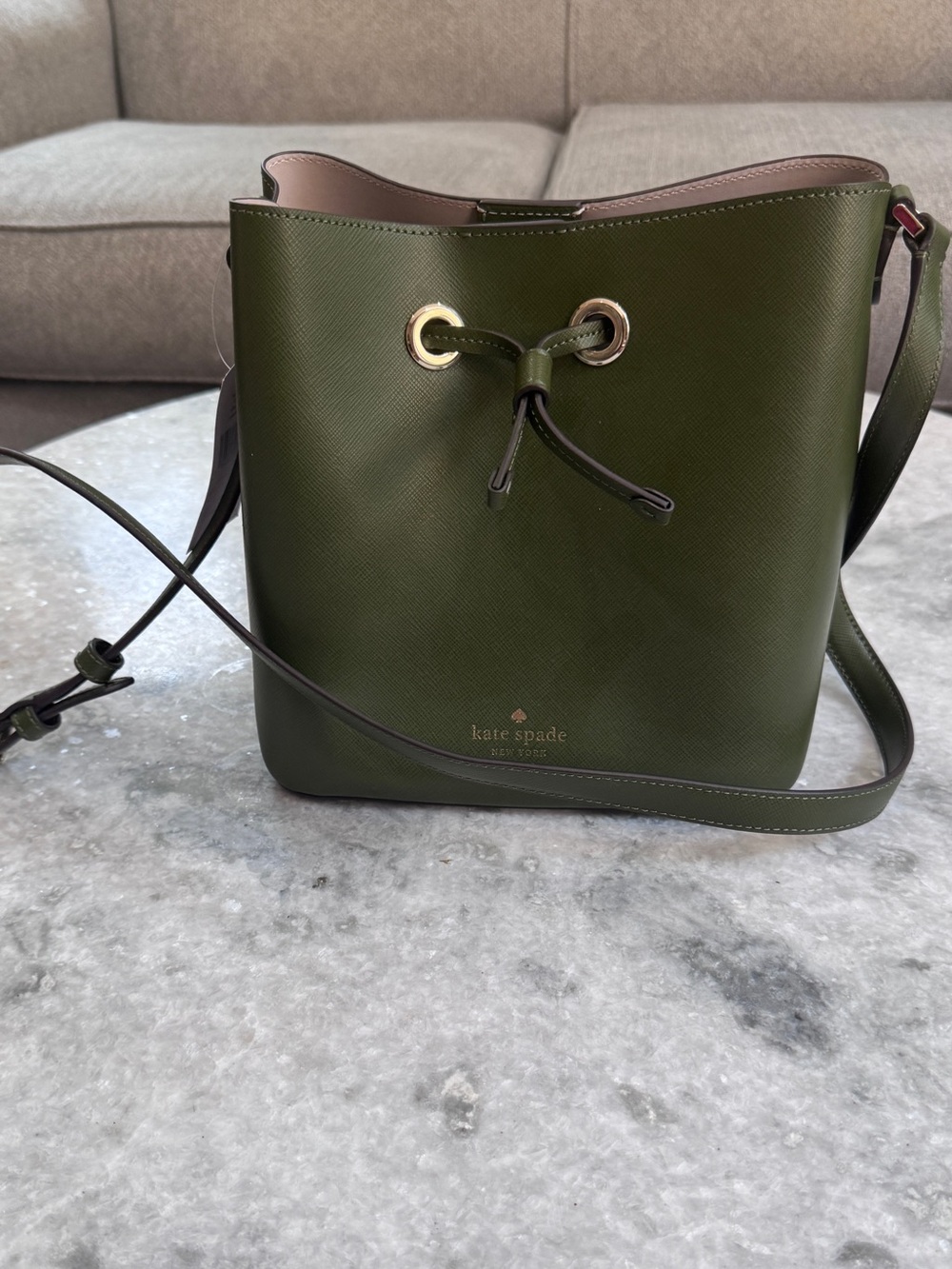 kate spade Olive Green Saffiano Leather Drawstring Crossbody Bag